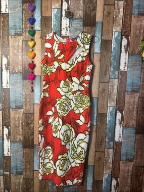 Sleeveless Red Midi Dress with White & Gold Floral Print